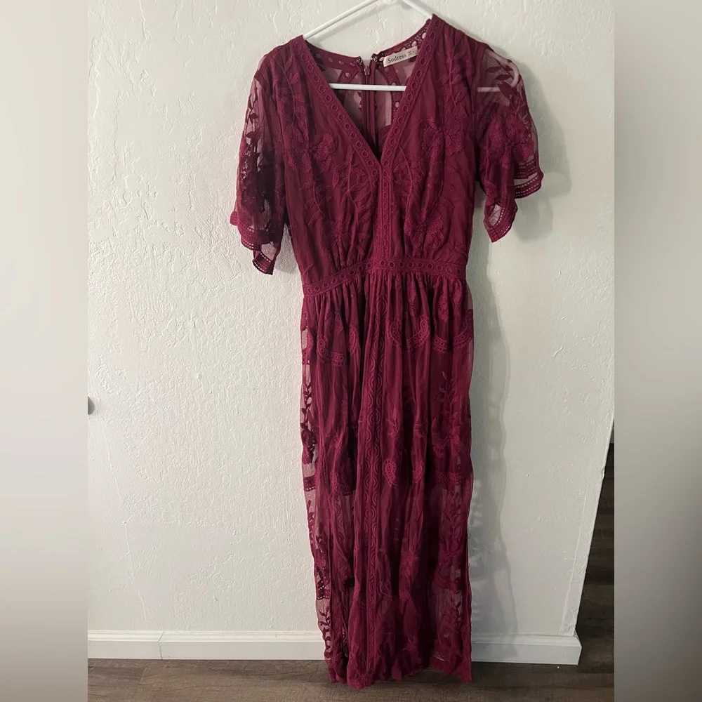 Boho Sodress burgundy Maroon Deep V Neck Short Sleeve Lace Maxi Dress Red S - Picture 2 of 4